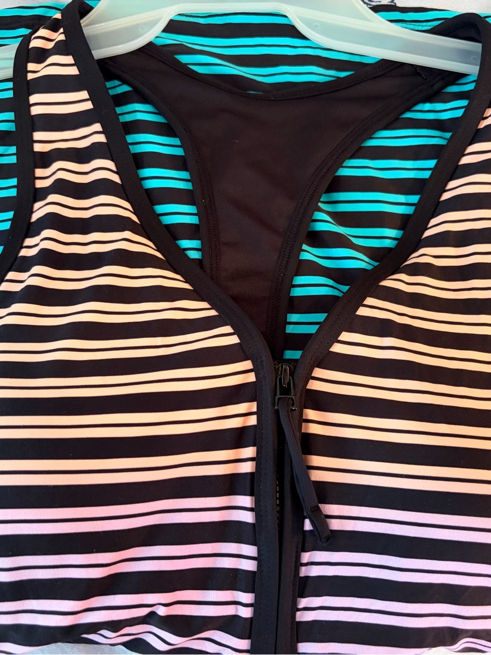 NWT BRAND IS BEACH HOUSE BATHING SUIT TOP WITH ZIPPER, COLOR BLACK MULTI SIZE 14